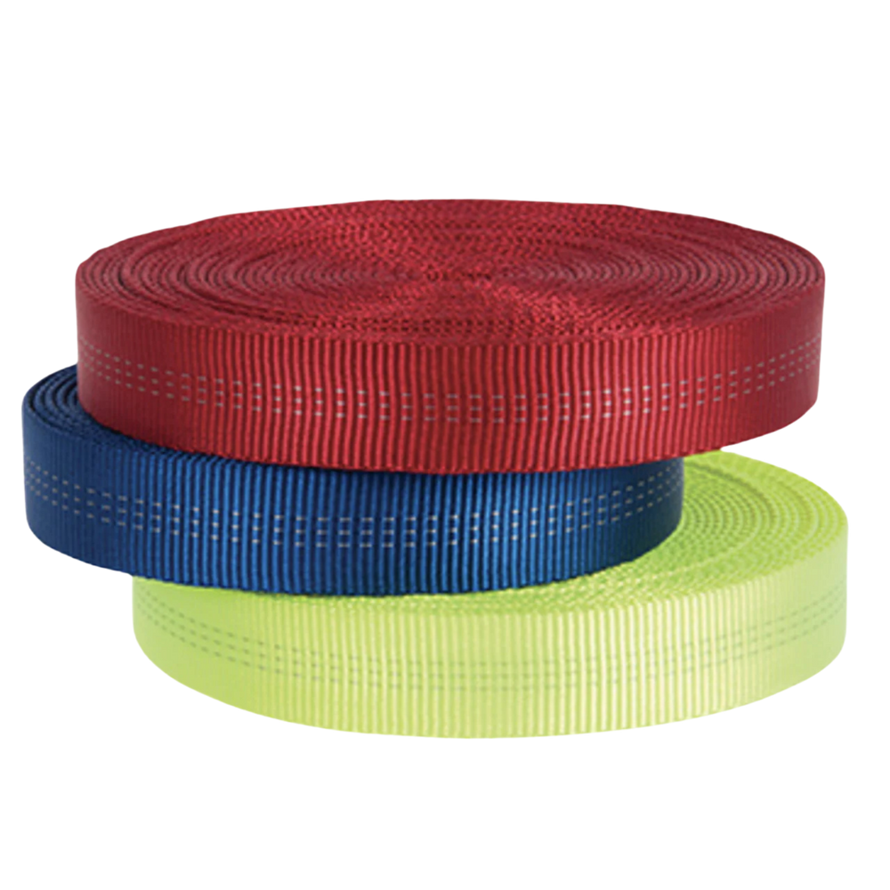 Three rolls of webbing in red, blue, and green on a white background