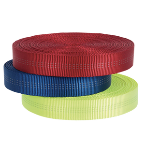 Three rolls of webbing in red, blue, and green on a white background