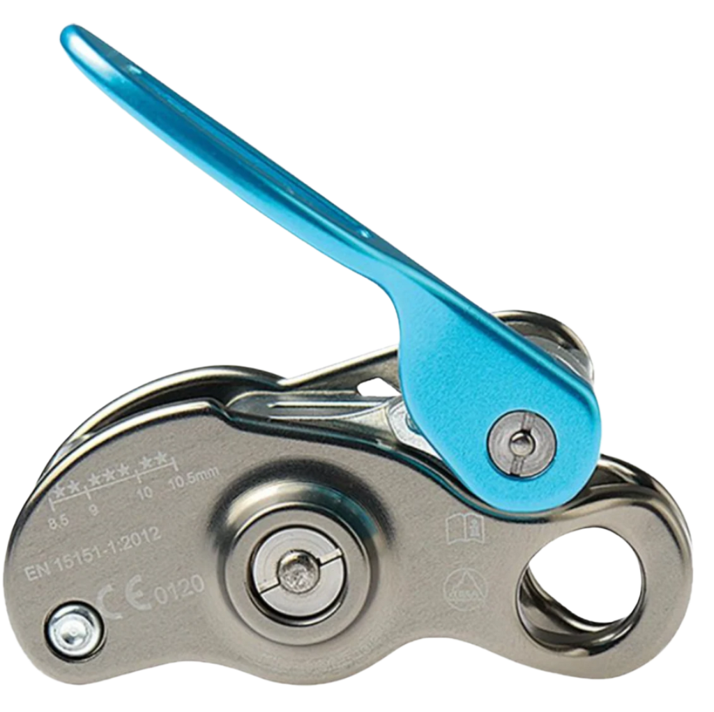 A blue and silver belay device used for climbing, showing cam and friction components in stainless steel.