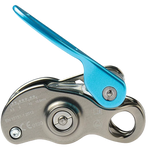 A blue and silver belay device used for climbing, showing cam and friction components in stainless steel.