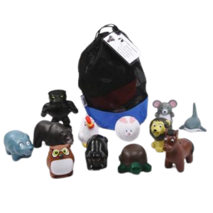Collection of small animal figurines with a blue drawstring bag