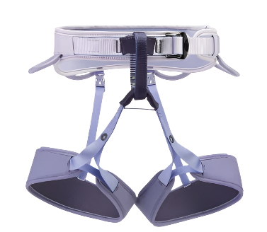 A comfortable women's climbing harness with a wide waistbelt and padded leg loops, designed for both gym and outdoor climbing, in gray color.
