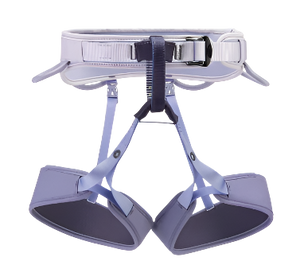 A comfortable women's climbing harness with a wide waistbelt and padded leg loops, designed for both gym and outdoor climbing, in gray color.