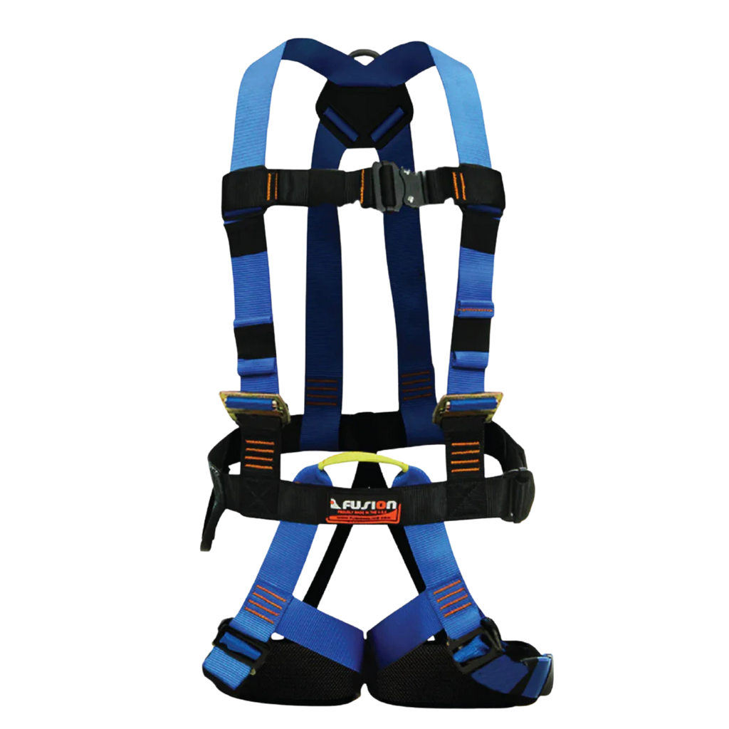 Blue safety harness with black straps
