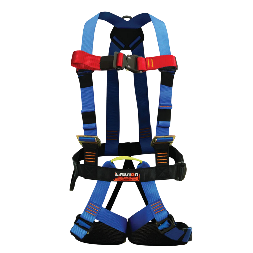 Safety harness with blue and black straps