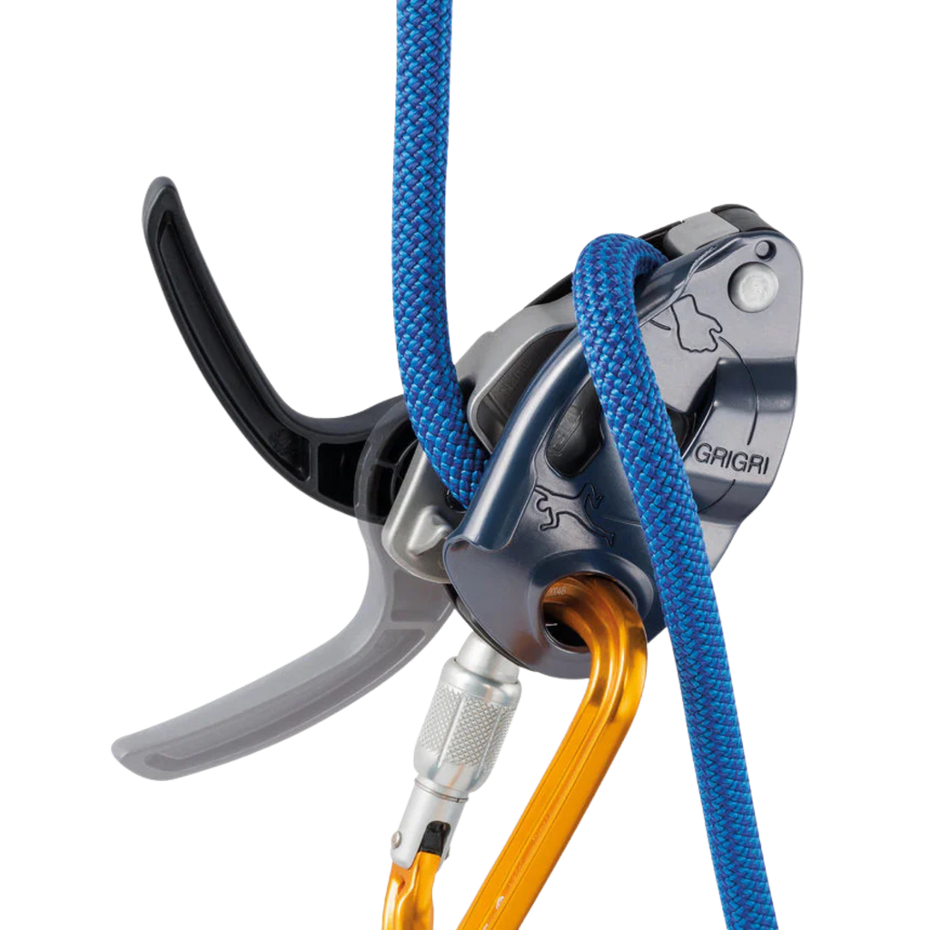 Gri Gri belay device with blue rope and orange carabiner