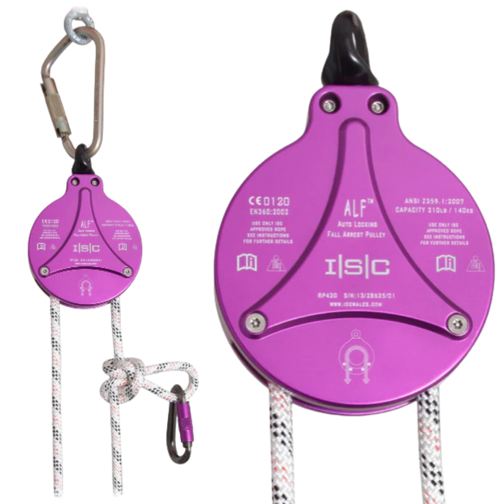 Auto Locking Purple pulley system with carabiners and ropes.