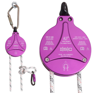 Auto Locking Purple pulley system with carabiners and ropes.