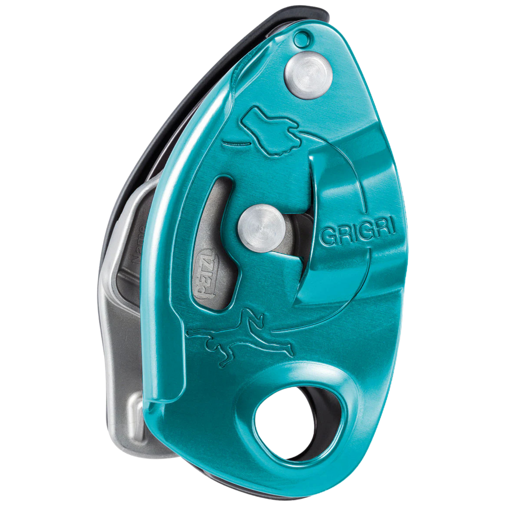 Teal belay device with 'Grigri' branding on a white background