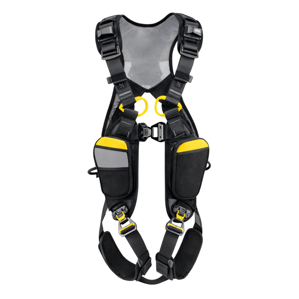 Black safety harness with yellow accents 