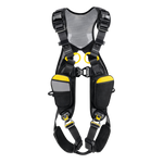 Black safety harness with yellow accents 
