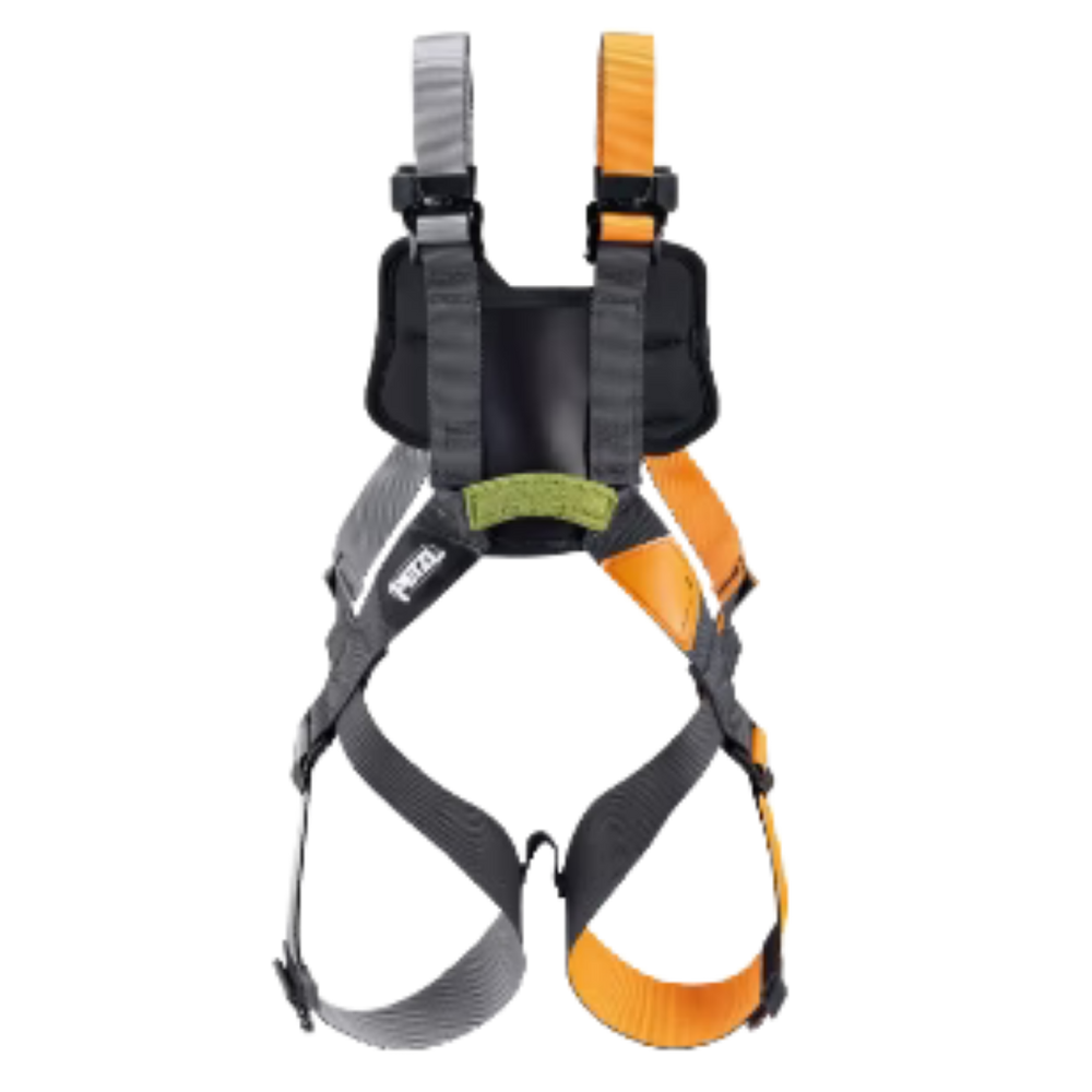 Full-body harness with orange and gray straps