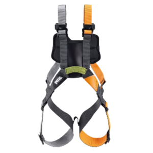Full-body harness with orange and gray straps