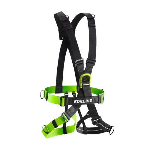 Black and green climbing harness with EDELRID Branding