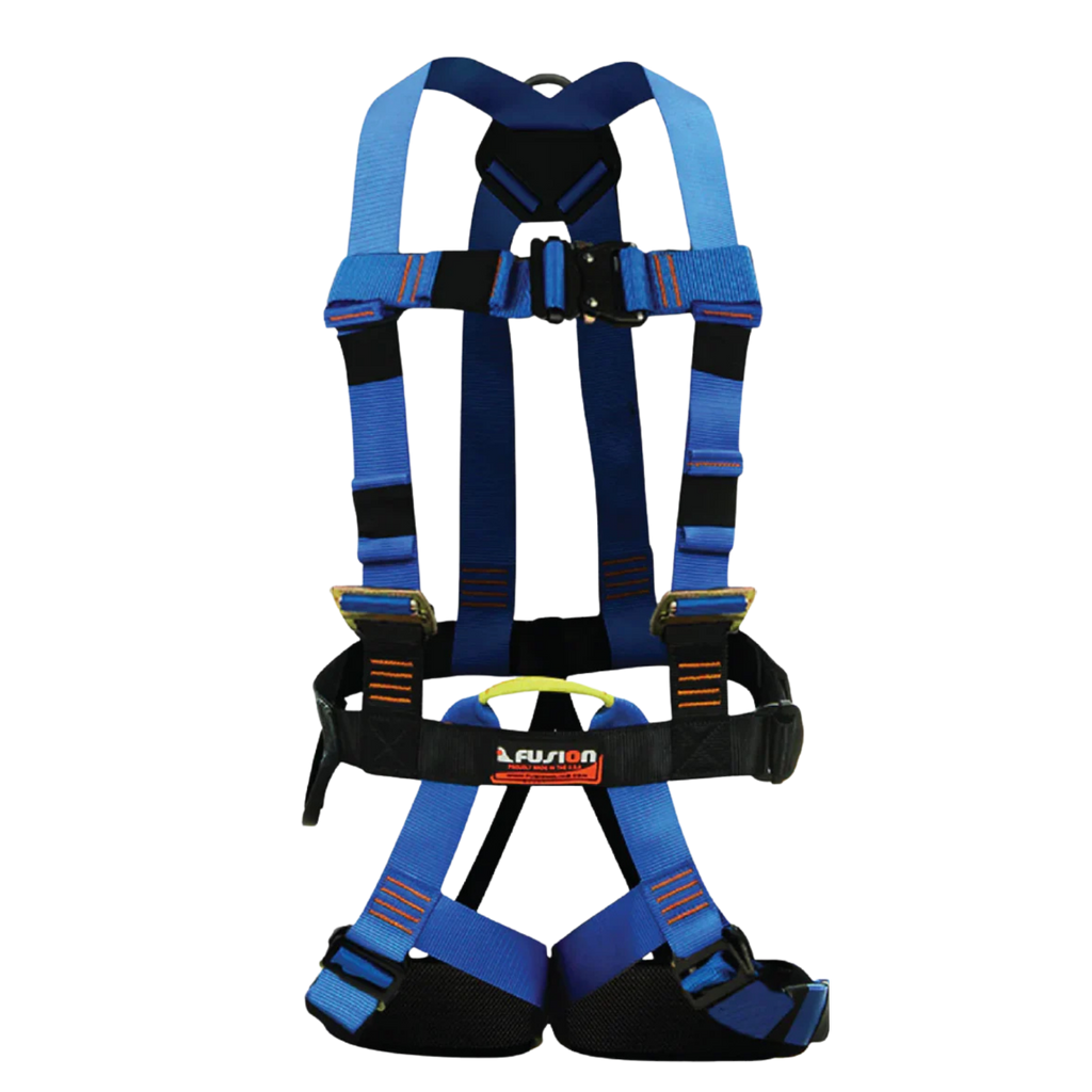 Blue and black safety harness fusion branding