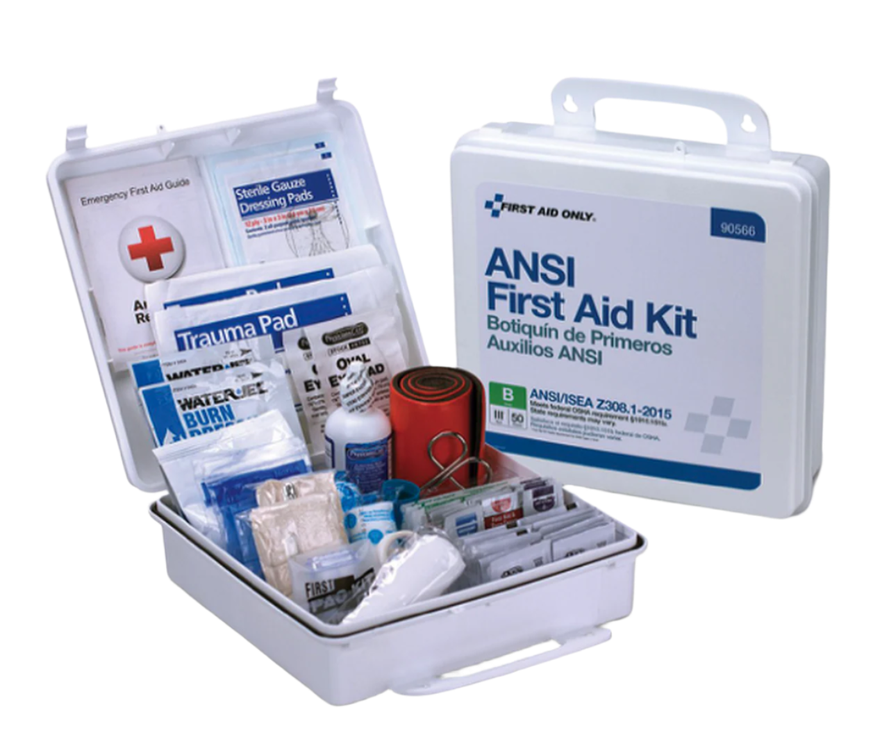 A white first aid kit with various medical supplies visible, including bandages, antiseptic wipes, and other first aid items. The kit is labeled 'ANSI FIRST AID KIT' and has a 'FIRST AID ONLY' logo.