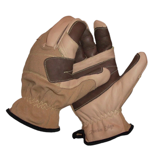 A pair of brown and beige zip line pro/rappelling gloves with leather reinforcement.